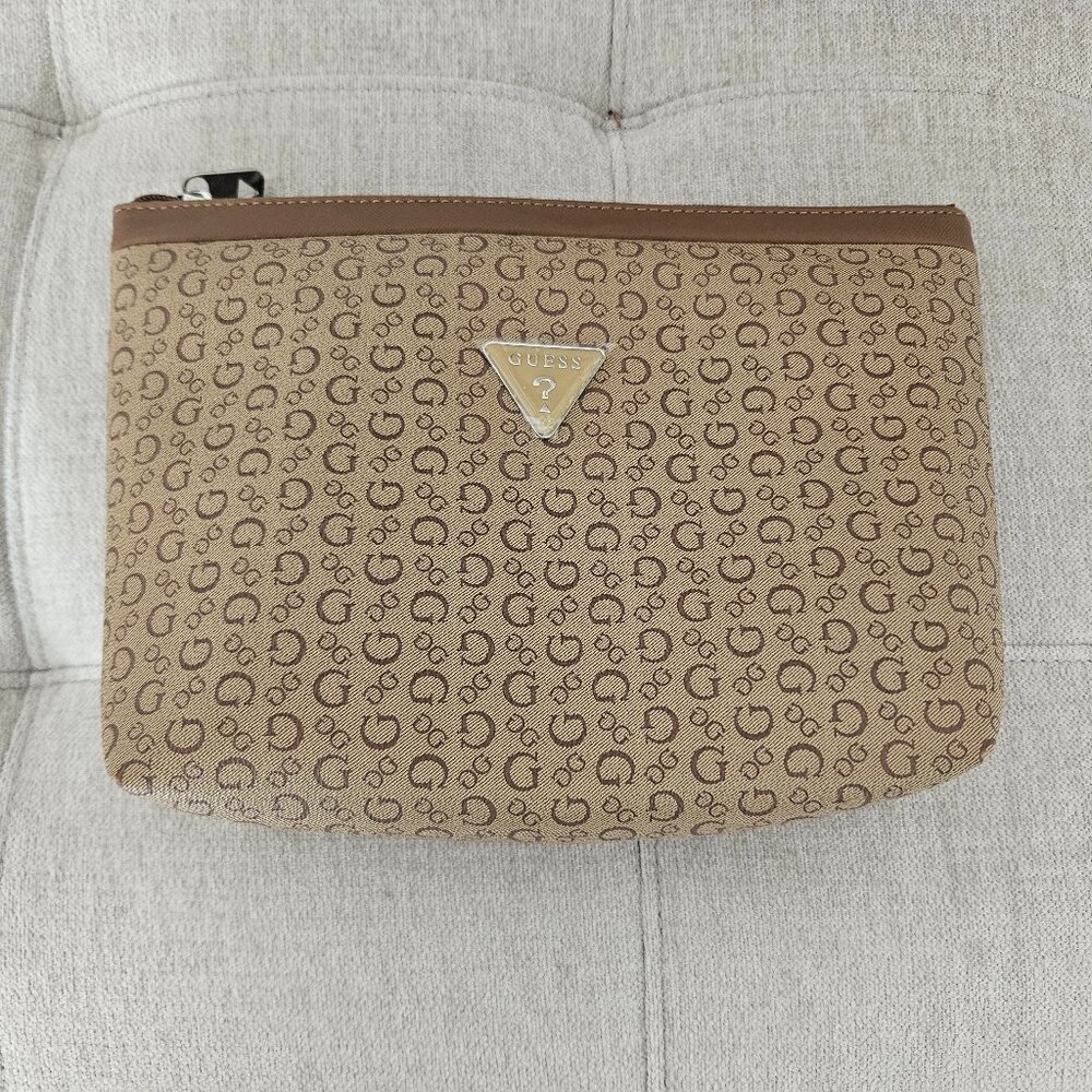 Guess Mocha Travel Bag Gold Logo Cosmetics Case 7200959 10.5" x 8"